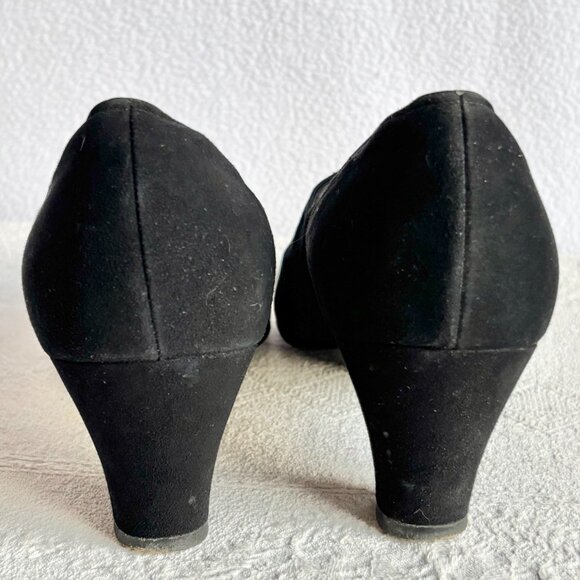 1930s 1940s Black Suede Cut Out Chunky Heel Pumps 7-8 Narrow - Picture 5 of 11